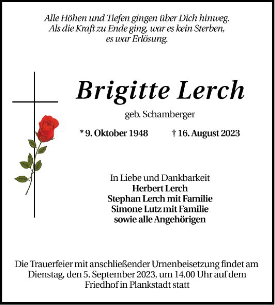 Traueranzeige von Brigitte Lerch von Schwetzinger Zeitung