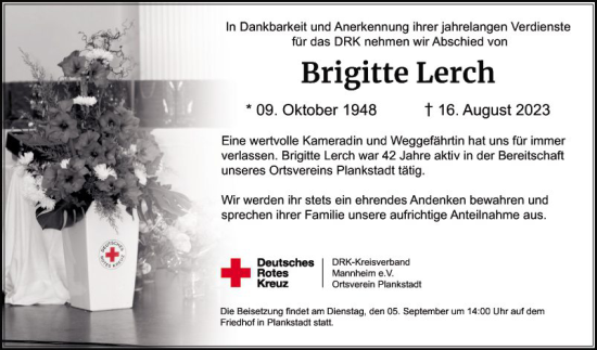 Traueranzeige von Brigitte Lerch von Schwetzinger Zeitung