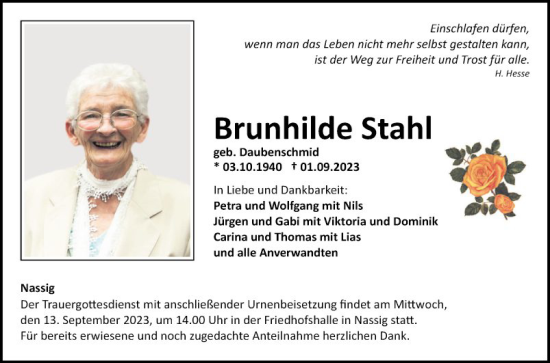 Traueranzeige von Brunhilde Stahl von Fränkische Nachrichten