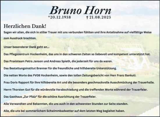 Traueranzeige von Bruno Horn von Schwetzinger Zeitung