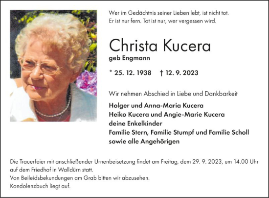 Traueranzeige von Christa Kucera von Fränkische Nachrichten