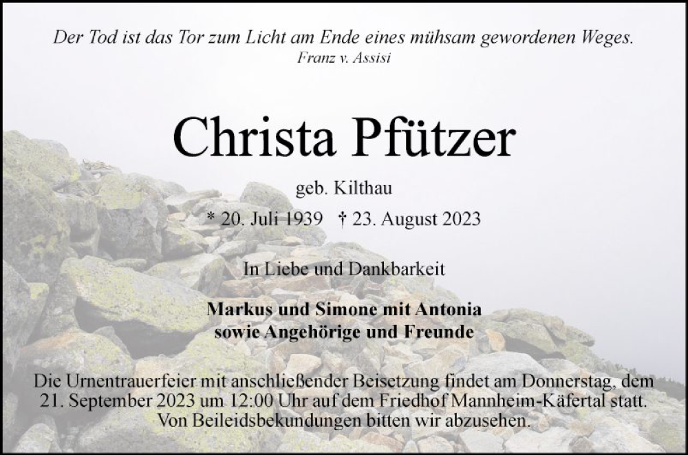  Traueranzeige für Christa Pfützer vom 16.09.2023 aus Mannheimer Morgen