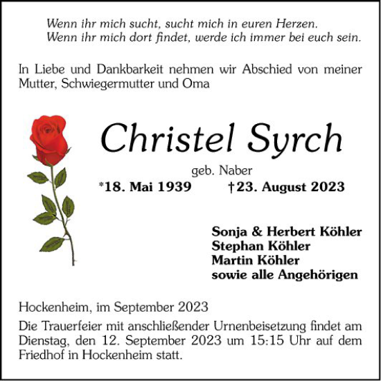 Traueranzeige von Christel Syrch von Schwetzinger Zeitung