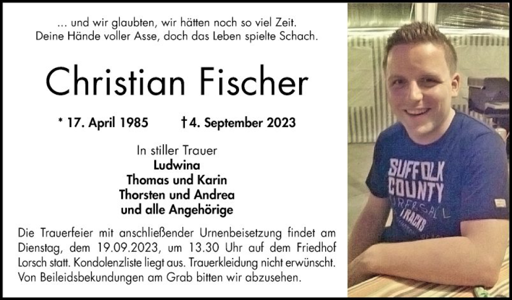  Traueranzeige für Christian Fischer vom 16.09.2023 aus Bergsträßer Anzeiger