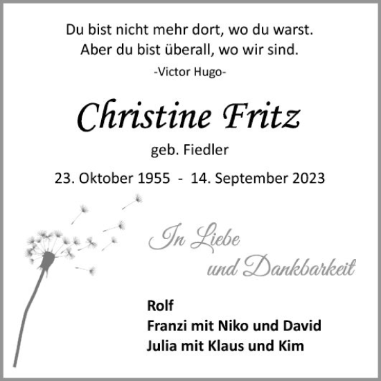 Traueranzeige von Christine Fritz von Schwetzinger Zeitung