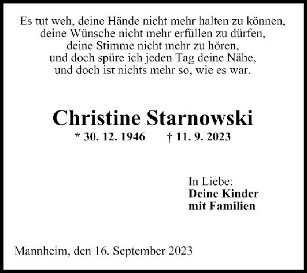  Traueranzeige für Christine Starnowski vom 16.09.2023 aus Mannheimer Morgen