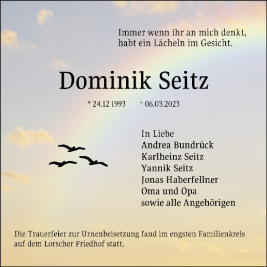 Traueranzeige von Dominik Seitz von Bergsträßer Anzeiger