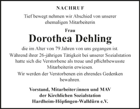 Traueranzeige von Dorothea Dehling von Fränkische Nachrichten