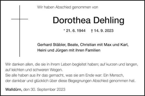 Traueranzeige von Dorothea Dehling von Fränkische Nachrichten