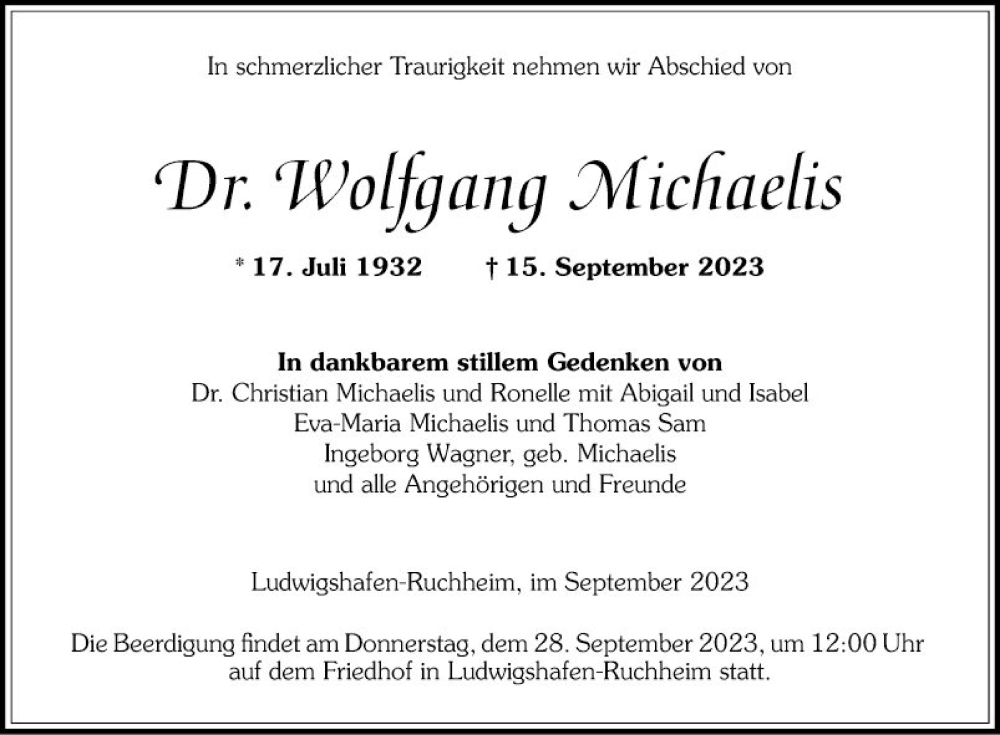  Traueranzeige für Dr. Wolfgang Michaelis vom 22.09.2023 aus Mannheimer Morgen