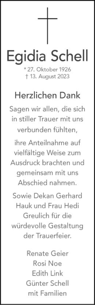 Traueranzeige von Egidia Schell von Fränkische Nachrichten