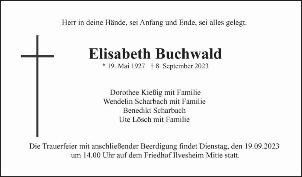  Traueranzeige für Elisabeth Buchwald vom 16.09.2023 aus Mannheimer Morgen
