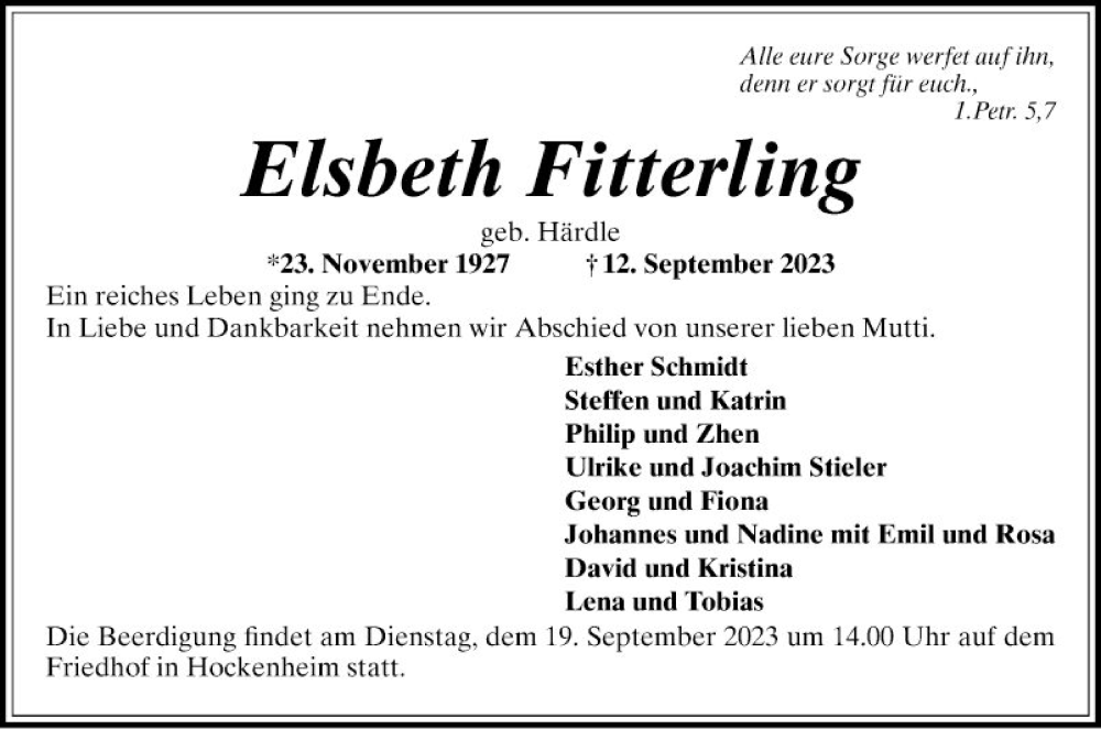  Traueranzeige für Elsbeth Fitterling vom 16.09.2023 aus Schwetzinger Zeitung