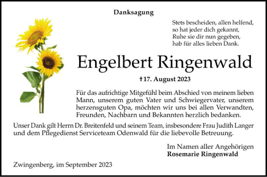 Traueranzeige von Engelbert Ringenwald von Bergsträßer Anzeiger