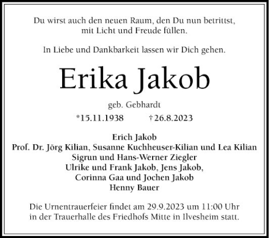 Traueranzeige von Erika Jakob von Mannheimer Morgen