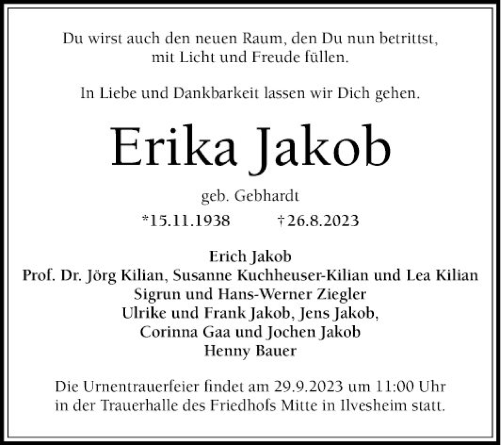  Traueranzeige für Erika Jakob vom 23.09.2023 aus Mannheimer Morgen
