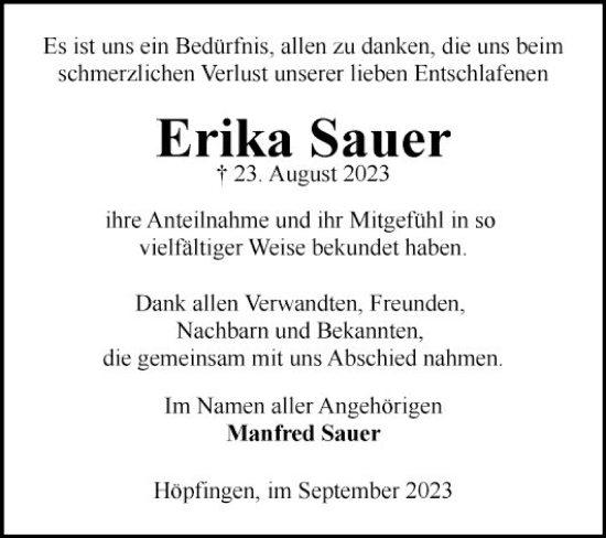 Traueranzeige von Erika Sauer von Fränkische Nachrichten