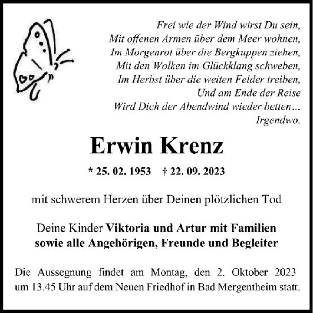  Traueranzeige für Erwin Krenz vom 29.09.2023 aus Fränkische Nachrichten