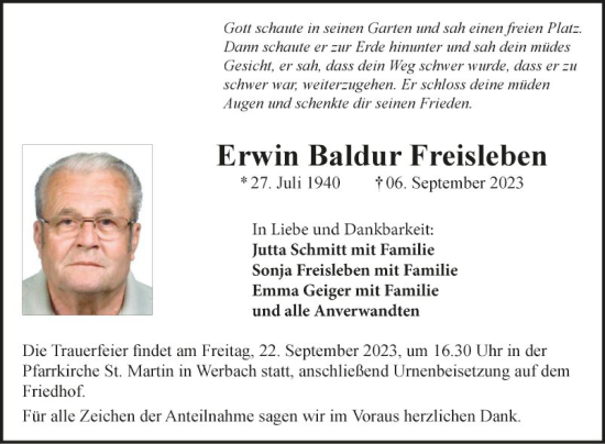 Traueranzeige von Erwin Baldur Freisleben von Fränkische Nachrichten