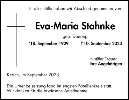 Traueranzeige von Eva-Maria Stahnke von Schwetzinger Zeitung