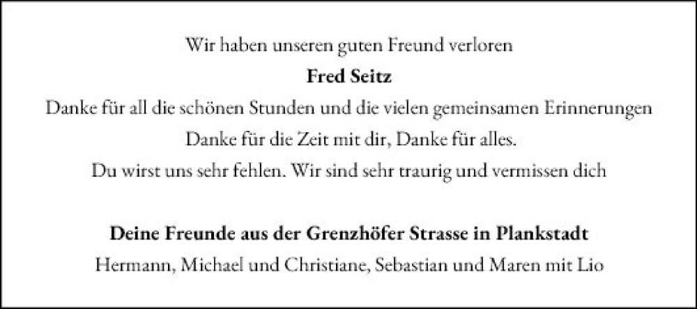  Traueranzeige für Fred Seitz vom 23.09.2023 aus Schwetzinger Zeitung