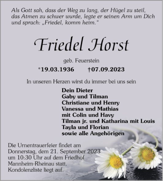 Traueranzeige von Friedel Horst von Mannheimer Morgen