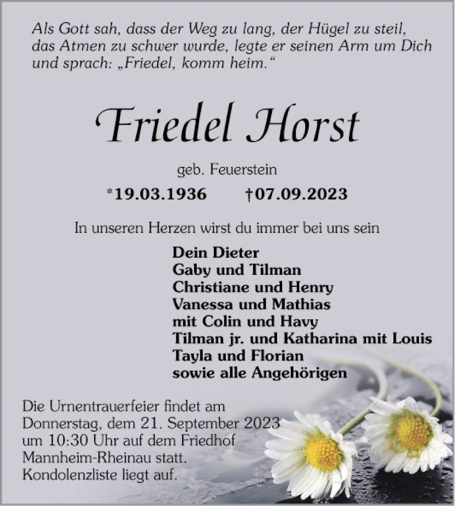 Traueranzeige für Friedel Horst vom 16.09.2023 aus Mannheimer Morgen