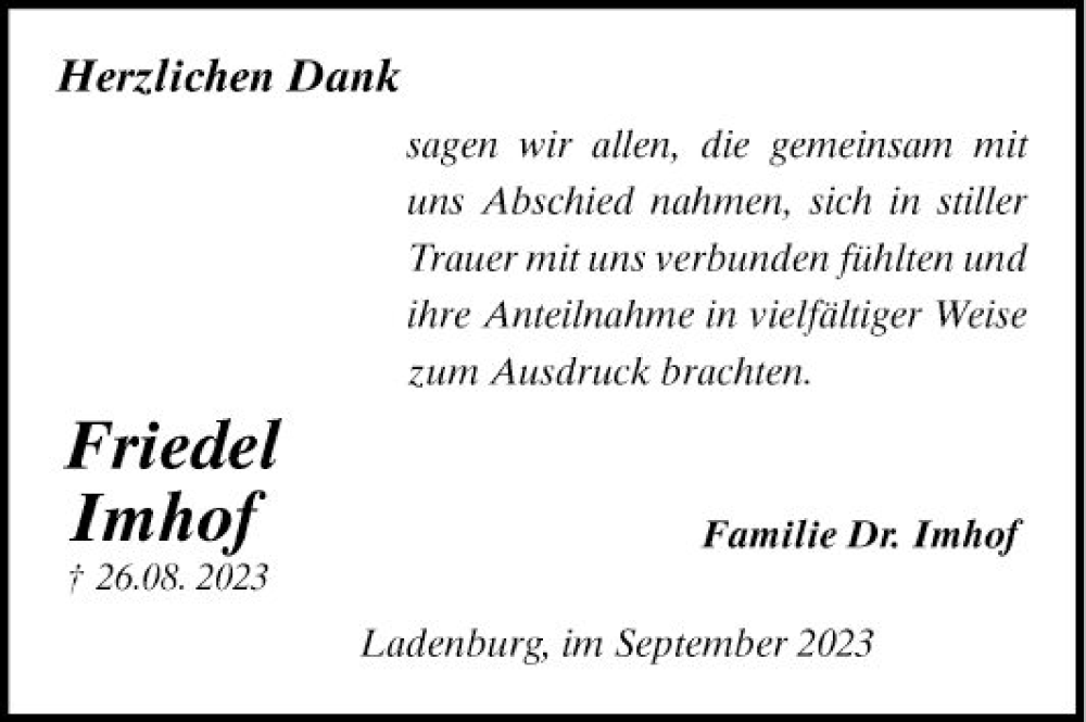  Traueranzeige für Friedel Imhoff vom 23.09.2023 aus Mannheimer Morgen