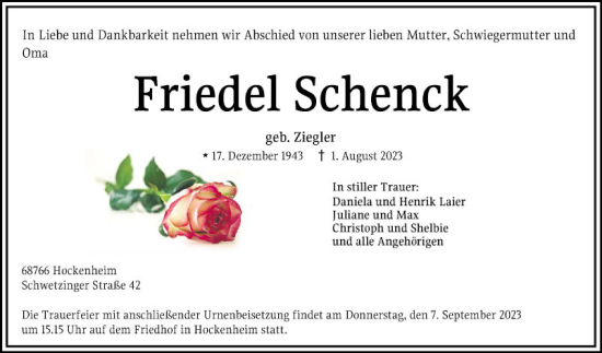 Traueranzeige von Friedel Schenck von Mannheimer Morgen