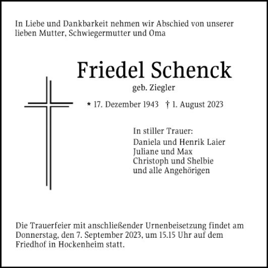 Traueranzeige von Friedel Schenck von Schwetzinger Zeitung