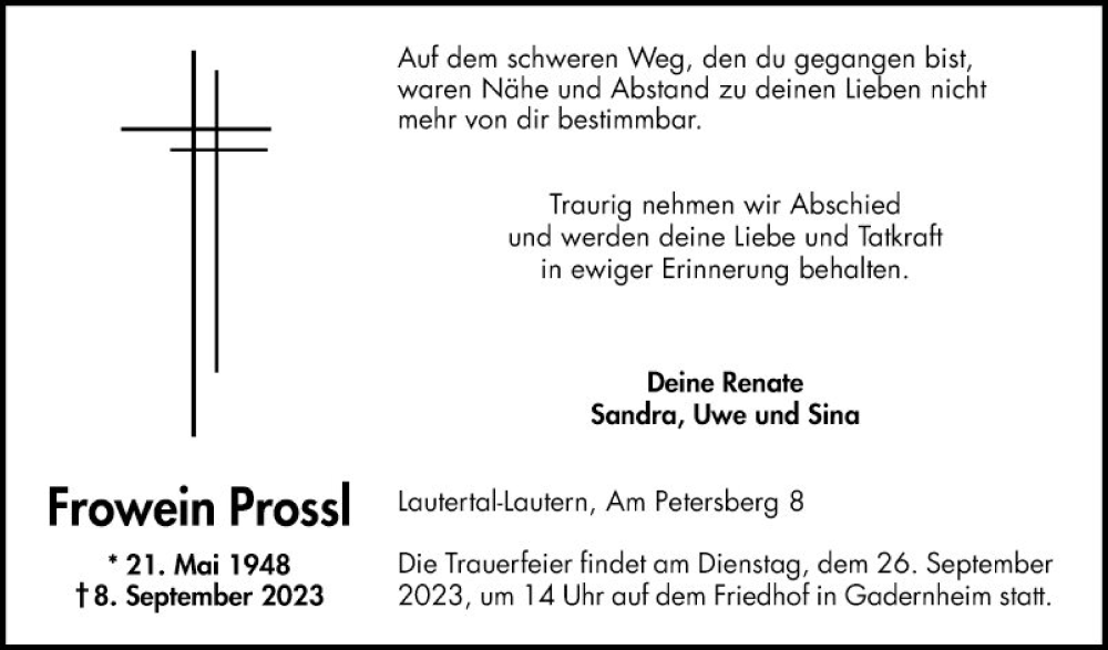  Traueranzeige für Frowein Prossl vom 16.09.2023 aus Bergsträßer Anzeiger