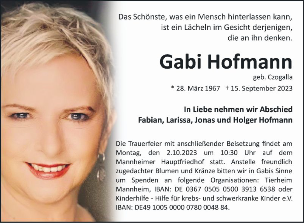  Traueranzeige für Gabi Hofmann vom 23.09.2023 aus Mannheimer Morgen