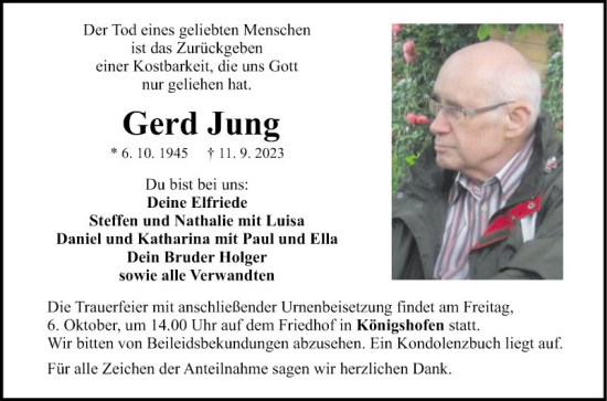 Traueranzeige von Gerd Jung von Fränkische Nachrichten