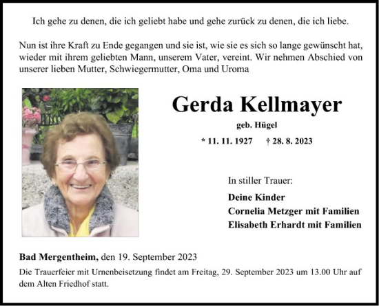Traueranzeige von Gerda Kellmayer von Fränkische Nachrichten