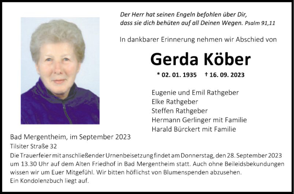  Traueranzeige für Gerda Köber vom 23.09.2023 aus Fränkische Nachrichten