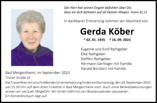 Traueranzeige von Gerda Köber von Fränkische Nachrichten