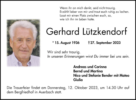 Traueranzeige von Gerhard Lützkendorf von Bergsträßer Anzeiger