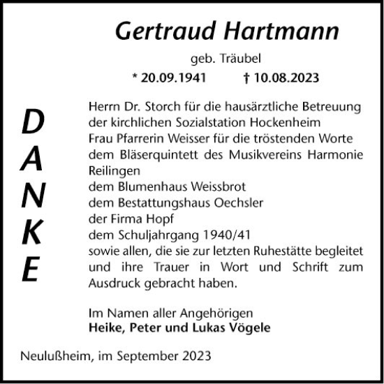 Traueranzeige von Gertraud Hartmann von Schwetzinger Zeitung