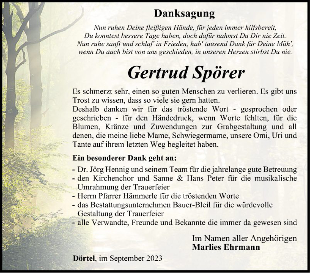  Traueranzeige für Gertrud Spörer vom 28.09.2023 aus Fränkische Nachrichten