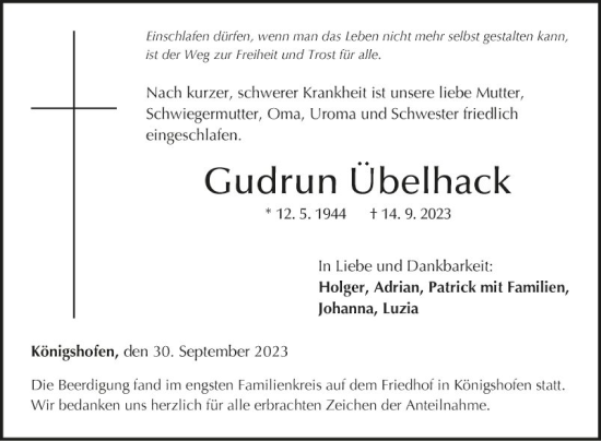 Traueranzeige von Gudrun Übelhack von Fränkische Nachrichten