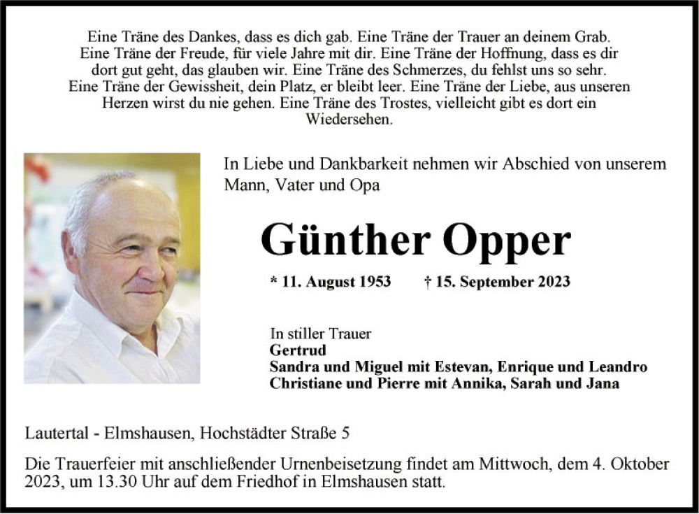  Traueranzeige für Günther Opper vom 30.09.2023 aus Bergsträßer Anzeiger