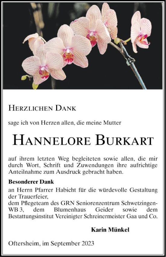 Traueranzeige von Hannelore Burkart von Schwetzinger Zeitung