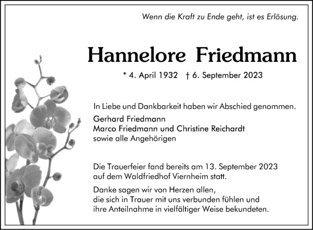  Traueranzeige für Hannelore Friedmann vom 16.09.2023 aus Mannheimer Morgen