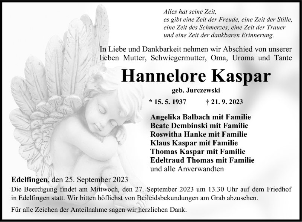  Traueranzeige für Hannelore Kaspar vom 25.09.2023 aus Fränkische Nachrichten