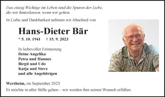 Traueranzeige von Hans-Dieter Bär von Fränkische Nachrichten
