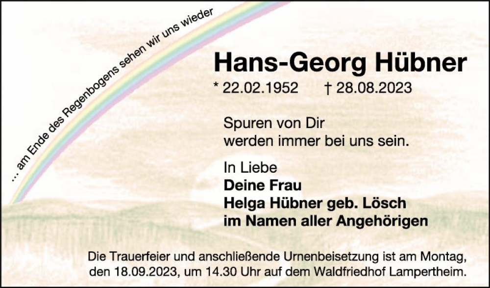  Traueranzeige für Hans-Georg Hübner vom 13.09.2023 aus Mannheimer Morgen