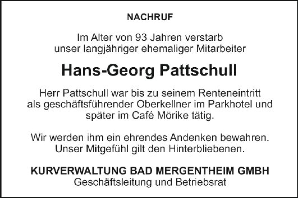  Traueranzeige für Hans-Georg Pattschull vom 14.09.2023 aus Fränkische Nachrichten