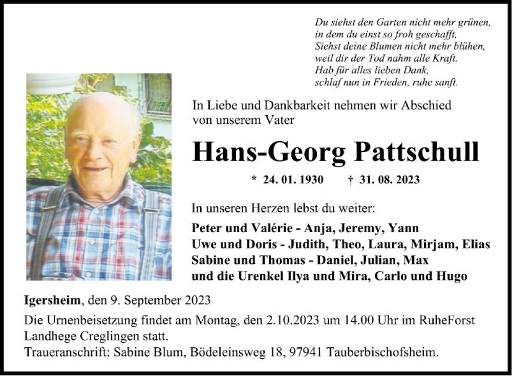 Traueranzeige für Hans-Georg Pattschull vom 09.09.2023 aus Fränkische Nachrichten