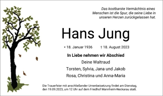 Traueranzeige von Hans Jung von Mannheimer Morgen