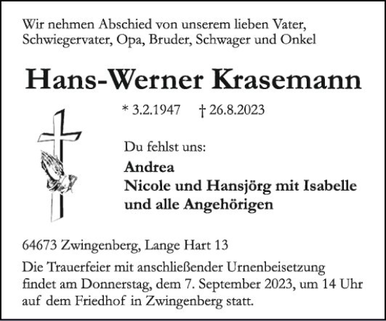 Traueranzeigen Von Hans-Werner Krasemann | Trauerportal Ihrer Tageszeitung